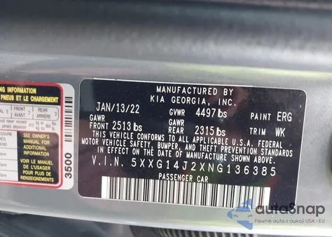 2022 Kia K5 Lxs z USA, uszkodzony, nr VIN 5XXG14J2XNG136385